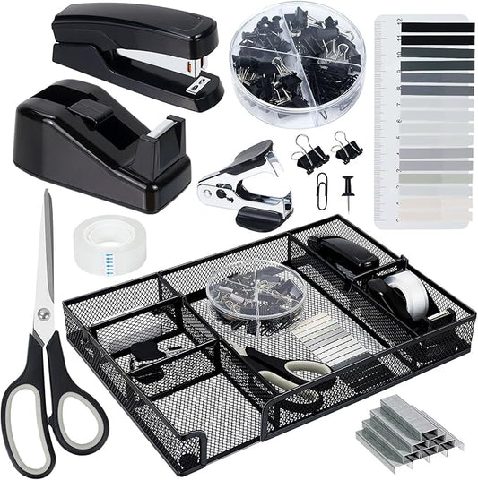 Buqoo Black Office Supplies Set,Black Office Desk Accessories,Desk Drawer Organizer,Stapler and Tape Dispenser Set,Tape,Staple Remover, Staples, Paper Clips, Scissor and Sticky Note