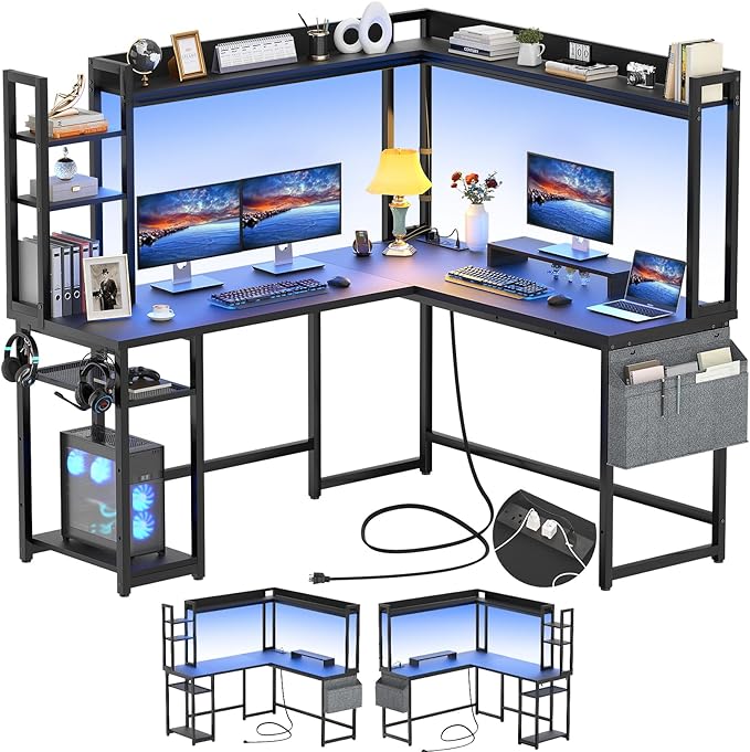 Aheaplus L Shaped Gaming Desk, Reversible L Shaped Desk with Power Outlet and Led Lights, Gaming Desks Corner Computer Desks with Hutch, Monitor Stand and Storage Bag for Home Office, Black