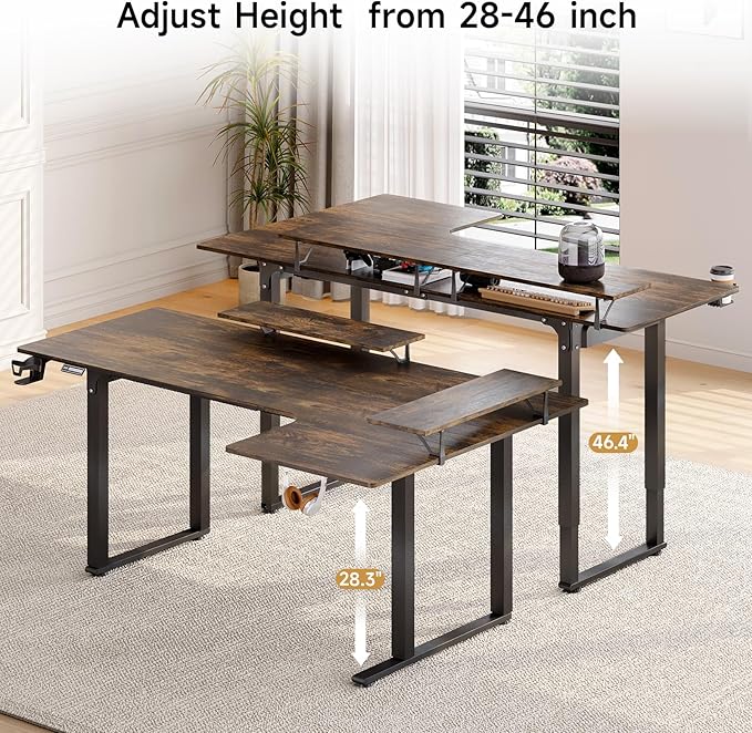 L Shaped Electric Standing Desk, 71x43'' Computer Desks with 2 Monitor Shelves, Dual Motor and Memory Controller, Gaming Corner Desk Adjustable Height from 28-46'' for Home Office, Rustic Brown