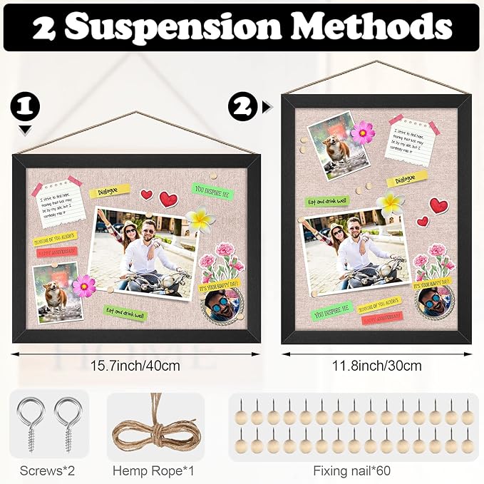 Teling 6 Pack Wood Bulletin Boards with Linen 12''x 16'' Cork Board for Walls with 60 Pushpin Decorative Wood Framed Display for Classroom School Office Bedroom (Black)