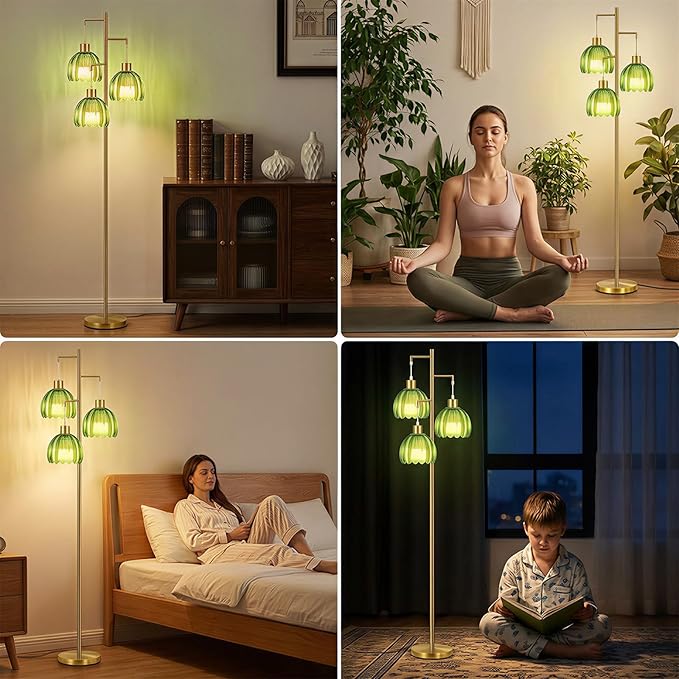 Gold Floor Lamp for Living Room,Bedroom, 3 Light Standing Lamp Mid Century Modern Brass Tree Green Glass Flower Lamp Shade Tall Floor Lamps Vintage Retro Floor Lights Farmhouse Boho Bohemian