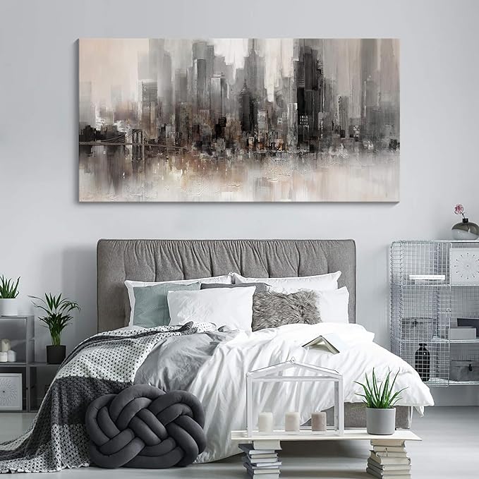 Nyc Skyline Painting Wall Art Grey Buildings Picture for Living Room Modern Home Bedroom Decoration Black and White and Brown Framed Artwork Decor 20X40