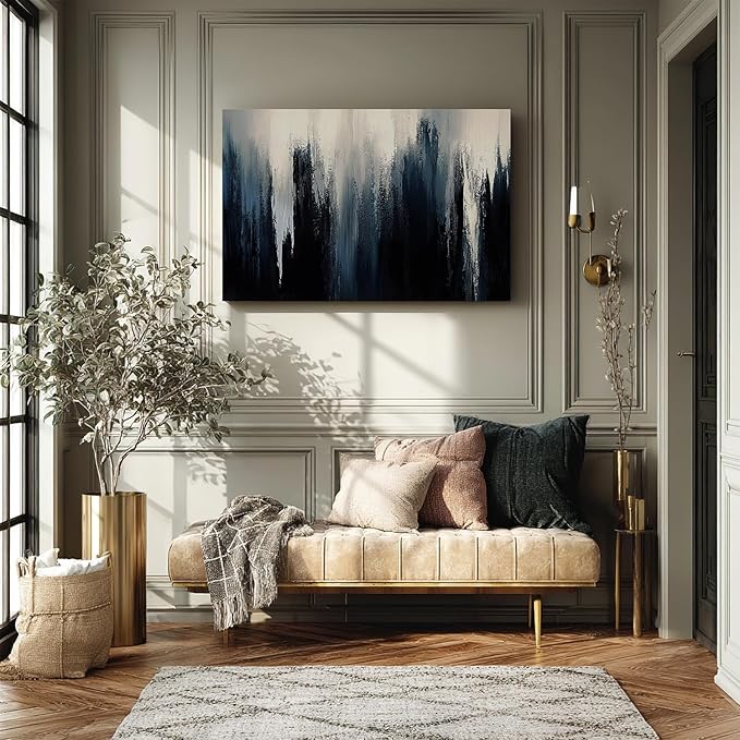 gaosoul Modern Blue Abstract Canvas Wall Art Oil Painting Giclee Print with Vertical Ice Crystal Strokes Ombre White to Navy Gradient Gallery Wrapped for Home Office Decor 36x24in
