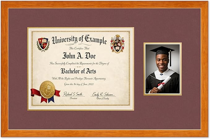 CountryArtHouse Fits 14 x 11 College Diploma (Modern) and 5 x 7 Photo Diploma and Photo Frame Honey Oak Genuine Hardwood with Dark Red Over Metallic Gold Double mat