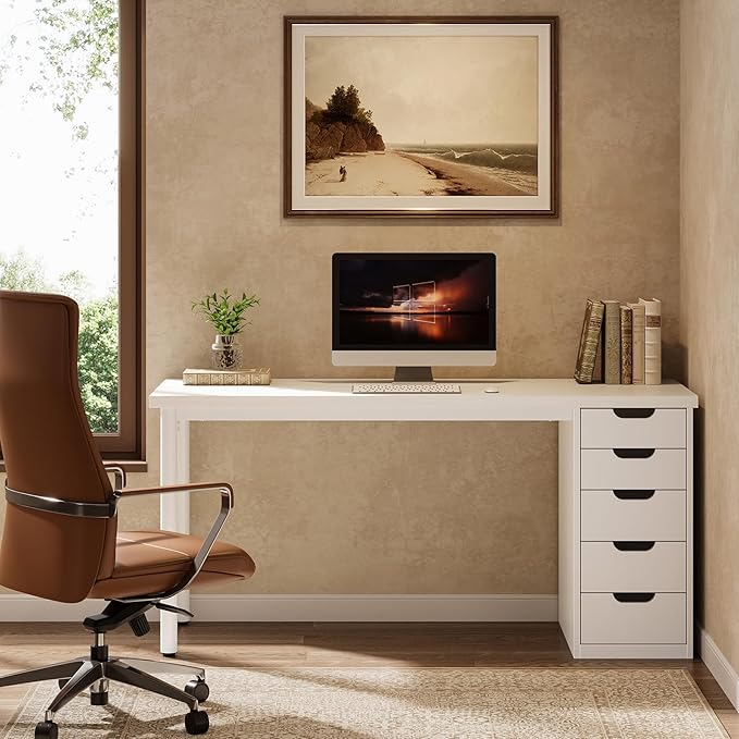 Tribesigns Modern Simple Computer Desk, 47 Inches PC Desk with 5 Reversible Drawers, Rustic Brown Study Writing Table Workstation for Home Office Small Spaces (All White)