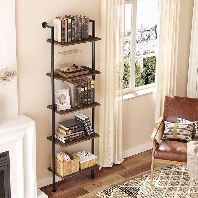 5-Tier Bookshelf Solid Wood Ladder Shelf, Narrow Book Shelf Display Shelf, Wooden Bookcase, Wall Mount Ladder Shelf, Storage Rack for Living Room, Bedroom, Industrial Style, Dark Brown