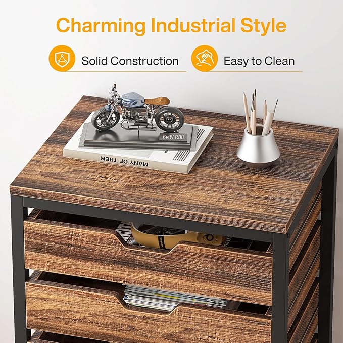Tribesigns 7-Drawer File Cabinet, Wood Mobile Storage Drawer Unit, Industrial Office Cabinet with Drawers & Wheels, Rolling Printer Stand for Home Office (Rustic Brown)