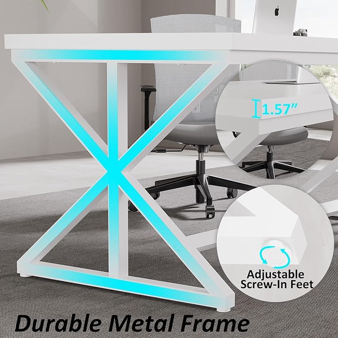 IBF Modern White Computer Desk, Industrial Long Home Office Desk for Student, Large Metal Wood Writing Study Work Desks, Farmhouse Executive Gaming Computer Table for Bedroom Living Room, White, 60 In