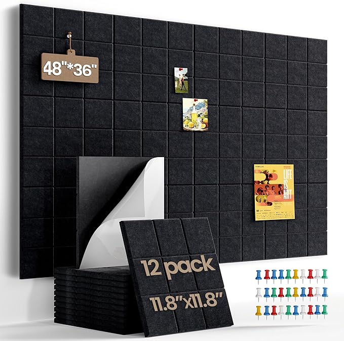 Large Cork Board Felt Board Tiles for Walls with 60 Push Pins, 11.8"x11.8" Pack of 12 Pin Board Notice Boards for Home Office Kitchen, Bulletin Board Wall Tiles for Photos Memos