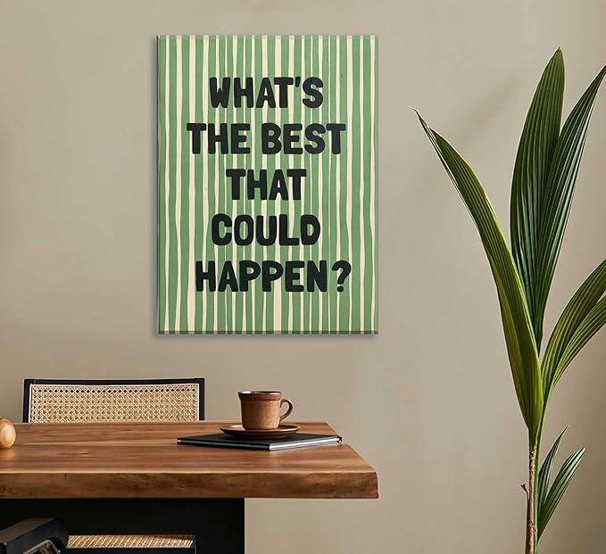 What's The Best That Could Happen Wall Art Green Striped Positive Quotes Canvas Wall Decor Funky Preppy Picture Prints Inspirational Quotes Poster Painting for Bedroom Living Room Picture Framed