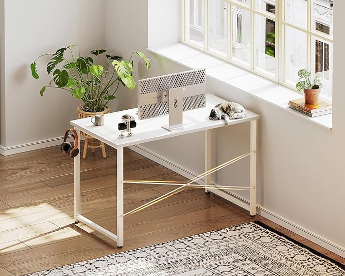 Casaottima 40 Inch Small Computer Desk for Home Office, Study Writing Table for Small Spaces, Simple Modern Desk with Headphone Hooks, White