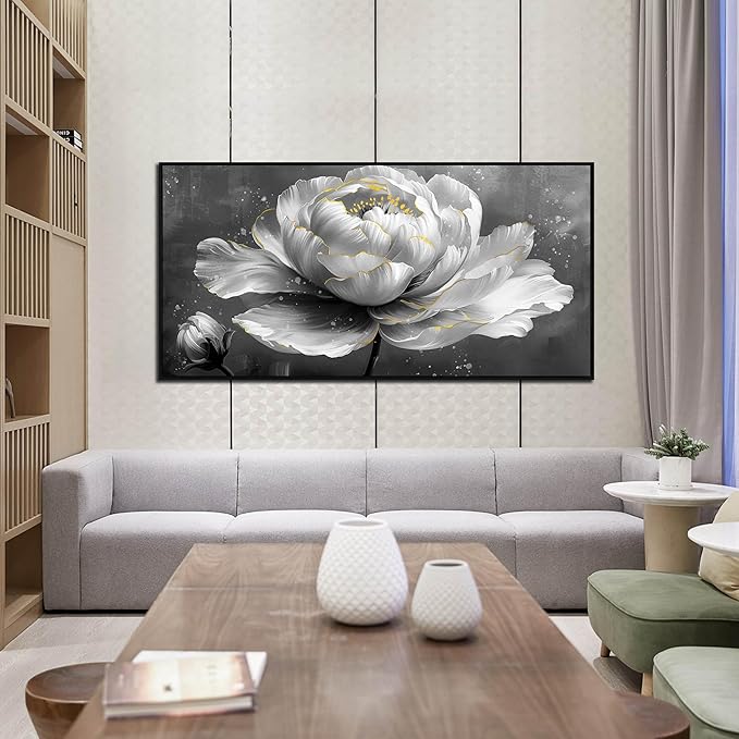 AOZEMI Black and White Wall Art Floral Art Wall Decor Flower Wall Decorations Gray Paintings for Home Kitchen Bedroom 24"x48"