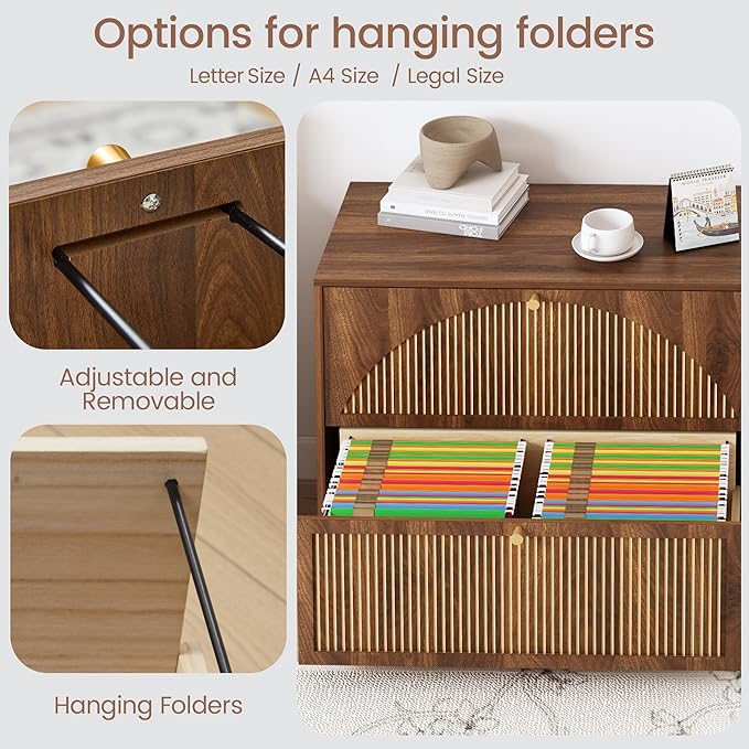 Fluted 2 Drawer Lateral File Cabinet, Office Wood File Cabinet & Printer Cabinet with Adjustable & Removable Hanging Rod for Letter/Legal/A4 (Walnut)