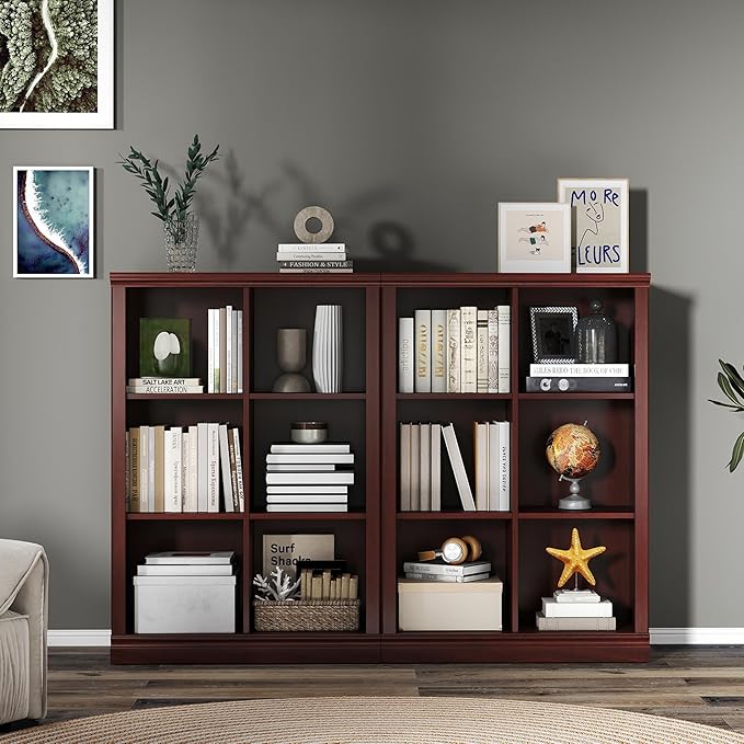 6 Cube Storage Organizer - 3 Tiers 6 Storage Cube Adjustable Space Book Case, Display Cabinet Organizer with Bookcase, 30 inch Width Horizontal Bookshelf for Home Library Office, Mahogany