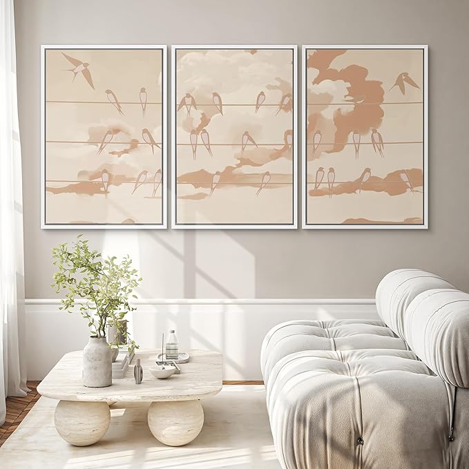 SIGNWIN Framed Canvas Print Wall Art Set Minimal Birds on Wires Neutral Sky Illustrations Modern Art Decorative Nordic Abstract for Living Room, Bedroom, Office - 16"x24"x3 White