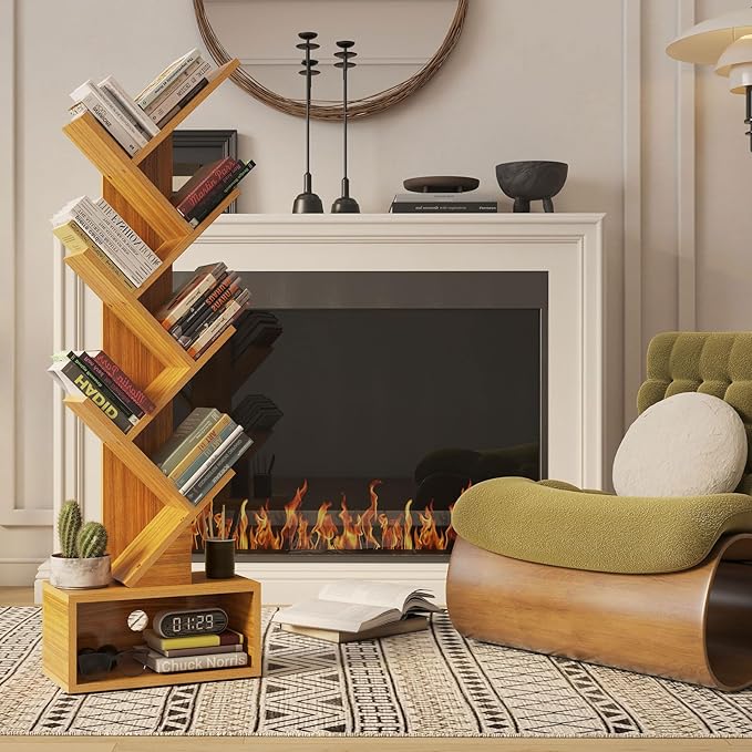 YMYNY 6 Tier Tree Bookshelf, Tall Bookcase, Wood Book Storage Rack with Drawer, Modern Floor Standing Book Shelf for Books/Movies/CDs, Utility Organizer for Living Room, Home Office, Natural UHBC016N