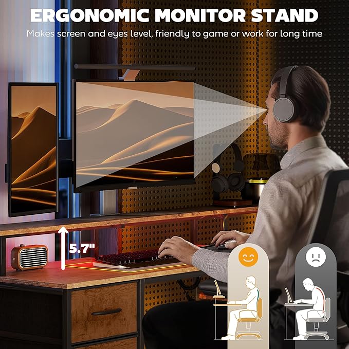 HOMCOM 67" Gaming Desk with File Cabinet and Fabric Drawers, Computer Table with Power Outlets and LED Lights, Monitor Stand and Printer Shelf, for Home Office Desk, Rustic Brown