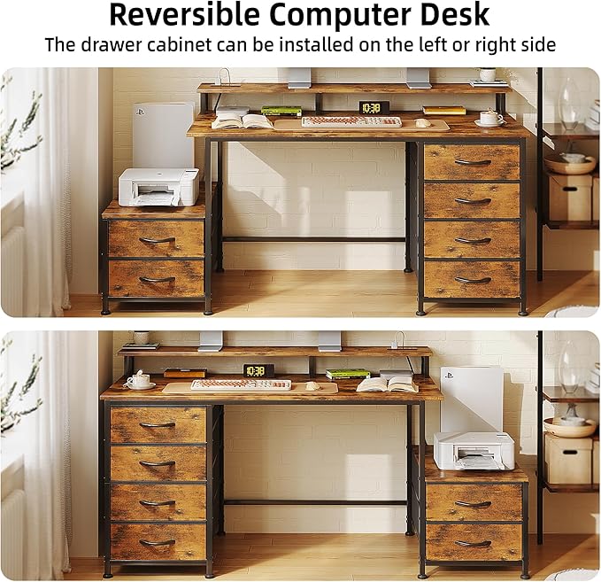 Flrrtenv 52 Inch Office Desk with 6 Drawers and Printer Space for Storage, Reversible Computer Desk with Monitor Stand & Power Outlets, Home Office Desks, Vintage