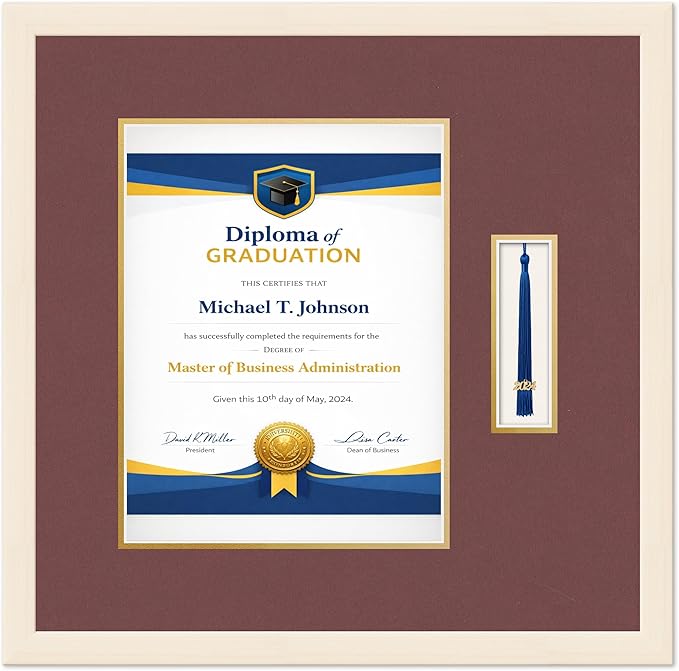 Diploma Frame with Tassel Holder Coastal Whitewash Shadowbox Dark Red Over Gold Mat - Fits 10 x 13 Degree Made in the USA