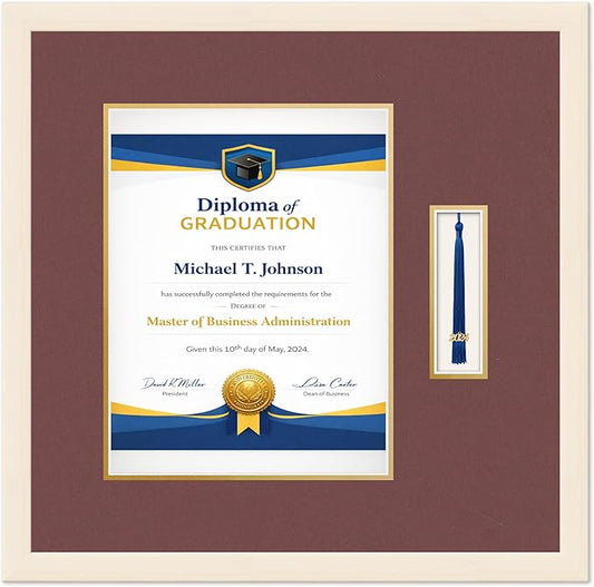 Diploma Frame with Tassel Holder Coastal Whitewash Shadowbox Dark Red Over Gold Mat - Fits 10 x 13 Degree Made in the USA