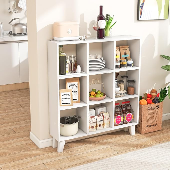 Tangkula 9-Cube Bookcase, Freestanding 3-Tier Bookshelf with 6 Removable Shelves, Open Back DIY Storage Organizer with Raised Support Feet for Living Room Study Office (2, White)