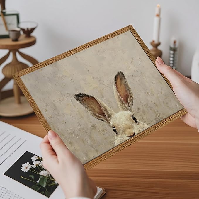 AVECCO Framed Vintage Funny Bunny Easter Wall Art, Cute Farmhouse Aesthetic Wall Decor, Easter Rabbit Art Prints for Bathroom Living Room Bedroom Dining Room Office Decoration Ready to Hang 8x10 inch