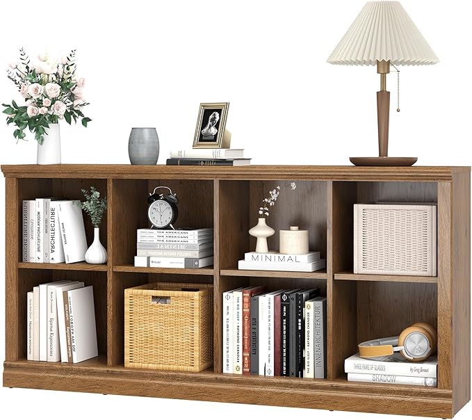 8 Cube Storage Organizer Bookcase - 2 Tiers 8 Storage Cube Adjustable Space Book Case, Display Cabinet Organizer, 54.7 inch Width Horizontal Bookshelf for Home Library Office, Vintage Oak
