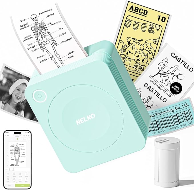 Nelko Sticker Printer, PM230 Print Pod Mini Bluetooth Portabel Sticker Maker with 1 Rolls Paper, Print Pods with Multiple Templates for Phone & Tablet, Smart AI APP Family, Green