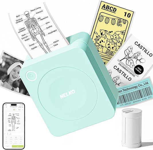 Nelko Sticker Printer, PM230 Print Pod Mini Bluetooth Portabel Sticker Maker with 1 Rolls Paper, Print Pods with Multiple Templates for Phone & Tablet, Smart AI APP Family, Green