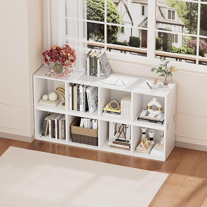 Ollieroo Book Shelf, 8 Tier Bookcase, 82.6 inches Tall Narrow Bookshelf, Wooden 8 Cube Storage Media Shelf, Vertical Slim Book Case with Removal Panels for Living Room, Bedroom, Entrance Hall
