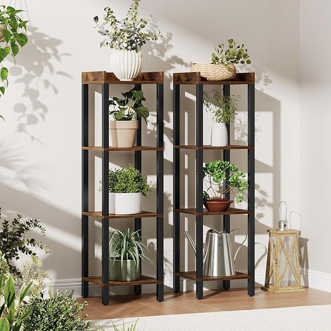 HOOBRO Small Bookcase, Industrial Style Bookshelf for Narrow Spaces, 4-Tier Square Book Shelf Stand, Wooden Storage Rack Display Shelf, Corner Shelf for Living Room, Rustic Brown and Black BF08CJ01
