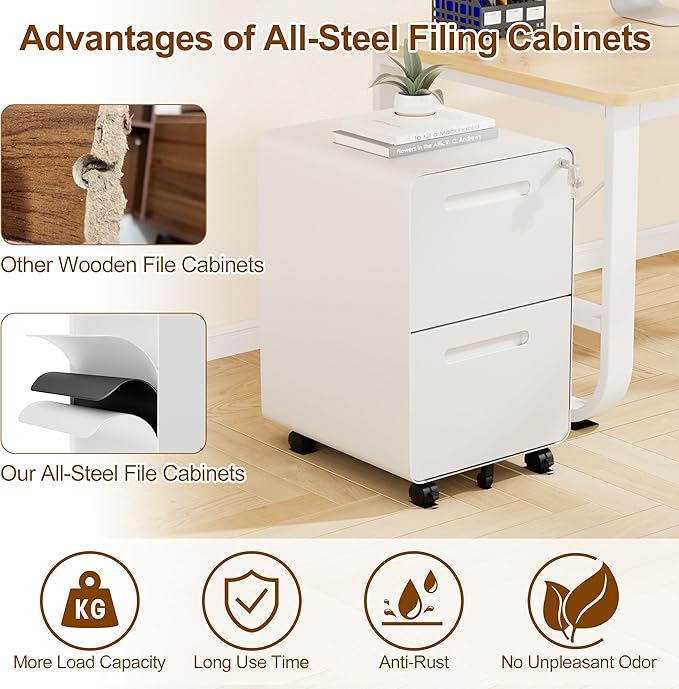 File Cabinet, Mobile Filing Cabinet with Lock, All Steel Structure Printer Stand, Fully Assembled Except Casters, Under Desk Storage for Home Office, 2 Drawers Document Organizer, White