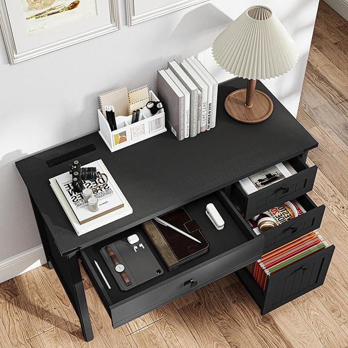 Farmhouse Executive Desk 45 inch Computer Desk with 4 Drawers, Smart Charging Station, Home Office & Study Room Essential for Remote Workers, Professionals & Students.Black