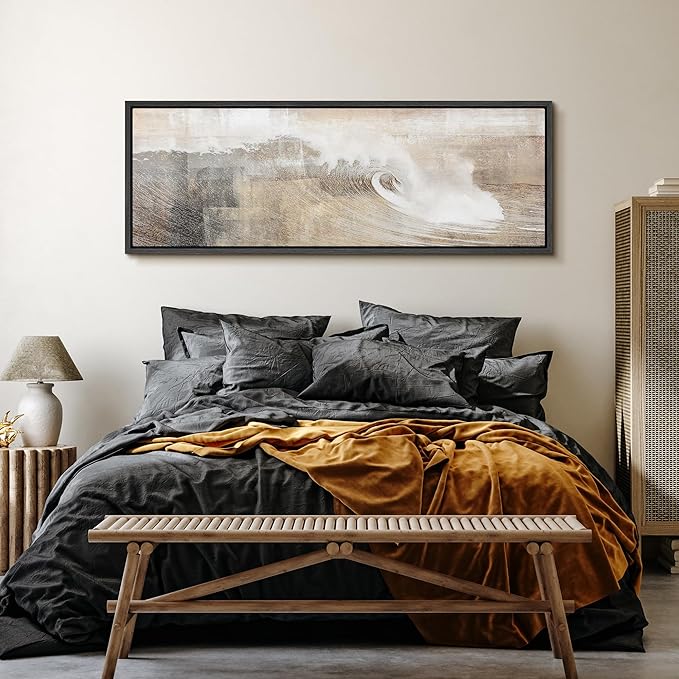 SIGNFORD Large Framed Canvas Neutral Ocean Wave Abstract Illustrations Modern Art Calm Warm for Living Room, Bedroom, Office - 60"x20"