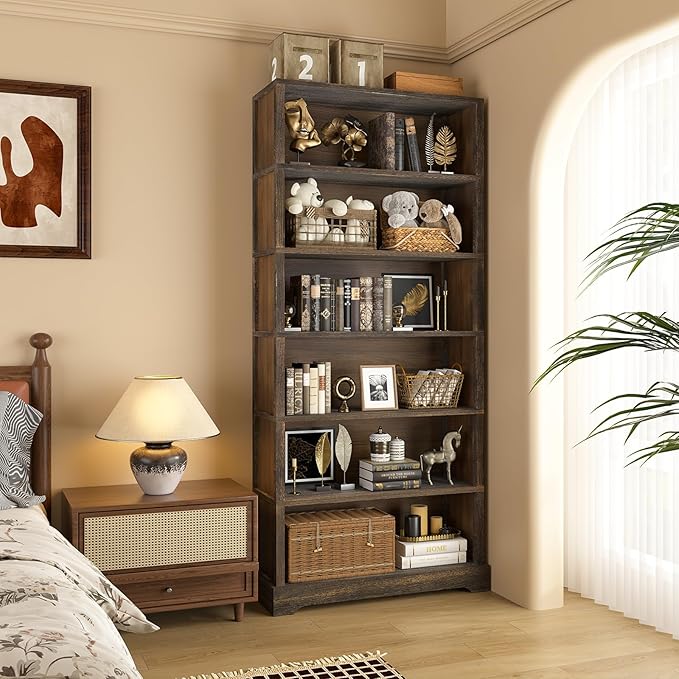 TVU 6-Tier Wooden Book Shelf, Floor-Standing Display Bookcase, 77.2" H x 31.5" W x 11" D Bookshelf, Farmhouse Style Book Case with Arched Base, Suitable for Living Room, Study, Office, Walnut