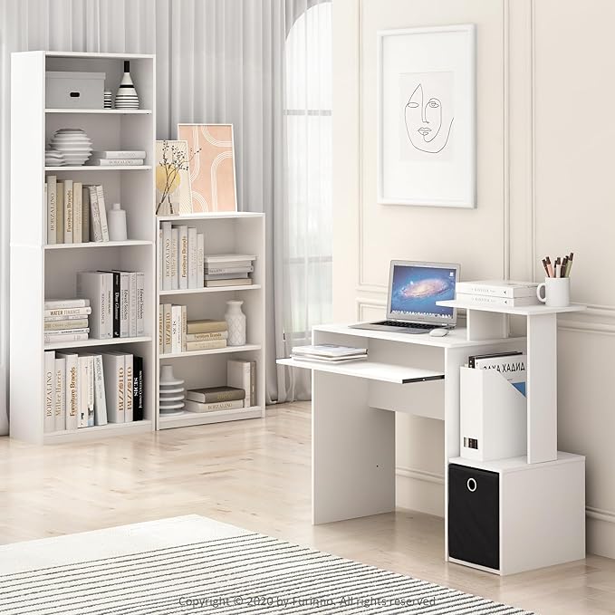 Furinno Jaya Book Shelf, 5-Tier Bookshelf, Bookcase with Adjustable Shelves, 9.5 x 24.5 x 71.2, for Organization and Storage, for Living Room, Bedroom, Home Office, White