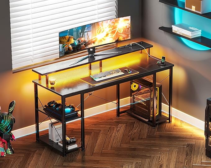 ODK 55 inch Computer Desk with Power Outlets & LED Lights, Gaming Desk with Monitor Stand & Storage Sheves, Home Office Desk, Carbon Fiber Black