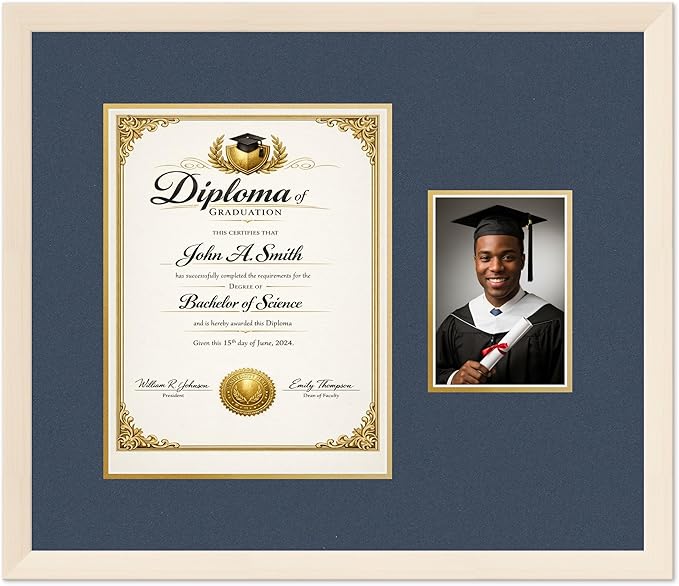 CountryArtHouse Fits 10 x 13 College Diploma (Portrait Traditional) and Diploma and Photo Frame Coastal Whitewash Genuine Hardwood with Navy Blue Over Metallic Gold Double mat