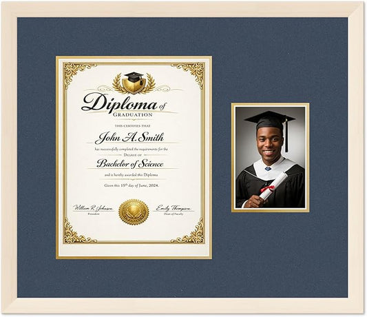 CountryArtHouse Fits 10 x 13 College Diploma (Portrait Traditional) and Diploma and Photo Frame Coastal Whitewash Genuine Hardwood with Navy Blue Over Metallic Gold Double mat
