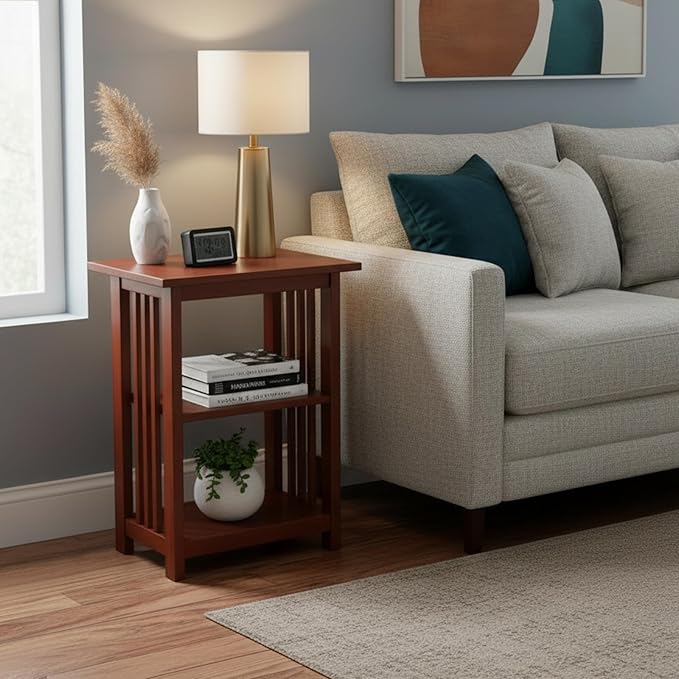 Alaterre Furniture Mission 3-Tier End Table with Vertical Slat Side Panels – Craftsman Style Wood Side Table with Open Storage for Living Room, Bedroom, or Cozy Reading Nook (Cherry)