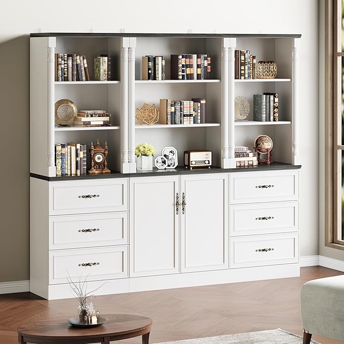 Bookshelf with Doors, 71" Tall Wood Book Shelf with Cabinet, 24" Wide Bookcase with Adjustable Shelf, Floor Standing Display Storage Cabinet for Home Office, Study and Living Room, Antique White