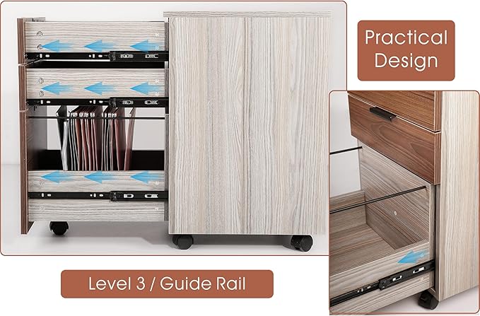 JJS 3 Drawer Rolling Wood File Cabinet with Locking Wheels, Home Office Portable Vertical Mobile Wooden Storage Filing Cabinet for Letter Size，Brown Drawer