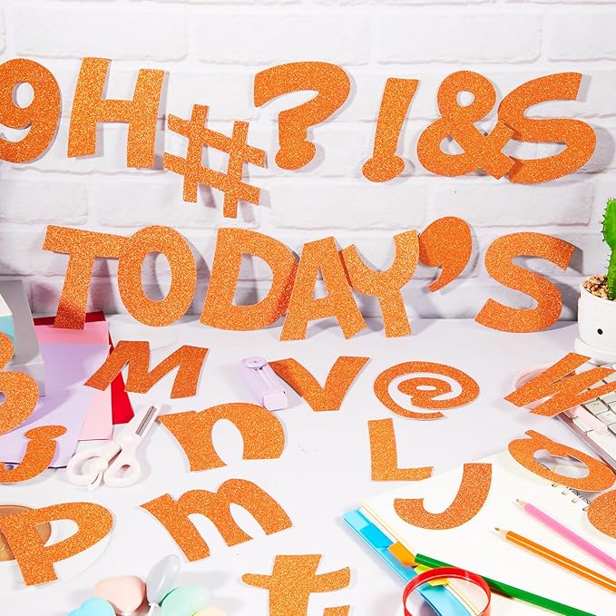 Colarr 216 Pcs Glitter Bulletin Board Letters for Classroom Number Alphabet Punctuation Symbol Cutout 4'' Die-Cut Poster Letter with Adhesive Dot School Party Holiday Decor Display(Orange)