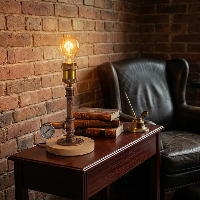 mini Steampunk Compact Copper Pipe Table Lamp with Decorative Pressure Gauge (Wood Base) QTF-BT03