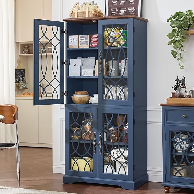 67" Tall Bookshelf, Vintage Book Shelf with Glass Doors, 5-Tier Wood Bookcase w/Adjustable Storage Shelves, Freestanding Rustic Curio Display Cabinet for Living Room,Office,Navy Blue, 2PCS