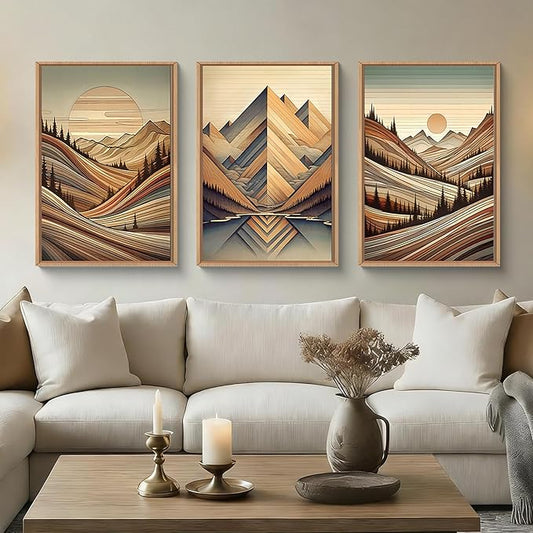 Aryroi Vintage Woodcut Style Mountain Framed Canvas Wall Art Set,Mid Century Nature Woodland Pine Tree Wall Decor,Modern Boho Brown Sunrise Forest Artwork for Living Room,Bedroom,Office- 16"x24"x3