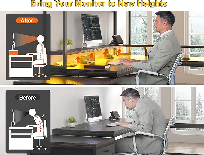EnHomee 64 x 60 Inches L Shaped Desk with Hutch and Drawers, Gaming Desk with Power Outlet & Monitor Stand & LED Lights, Computer Corner Desk, Two Person Office Desk for Living, Gaming Room, Black