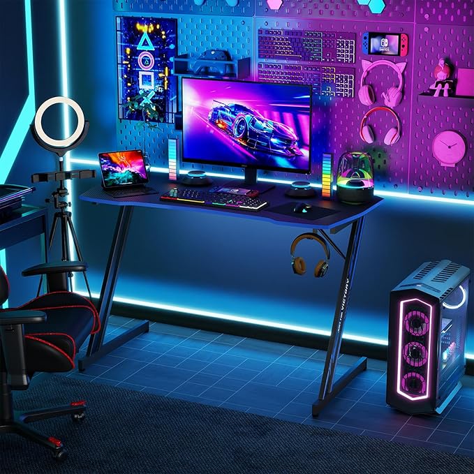BestOffice 39" Gmaing Desk Computer Gaming Desk Z Shaped Gaming Workstation Ergonomic Gaming Table with Headphone Hook for Game Players,Black&Blue