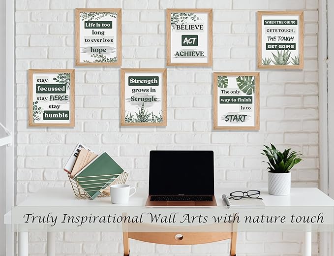 Induslyfe Framed Motivational Wall Art for Living room Bedroom Office Canvas Wall Art pictures for Classroom,Affirmations Inspirational Decor Olive Eucalyptus,Positive Quotes for Office Set of 6, 9x12