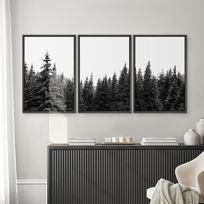 SIGNWIN 3 Piece Framed Canvas Wall Art Woodland Nursery Decor Black and White Forest Photo Nature Illustrations Abstract Traditional Home Artwork Decoration for Living Room,Bedroom - 24"x36"x3 Black